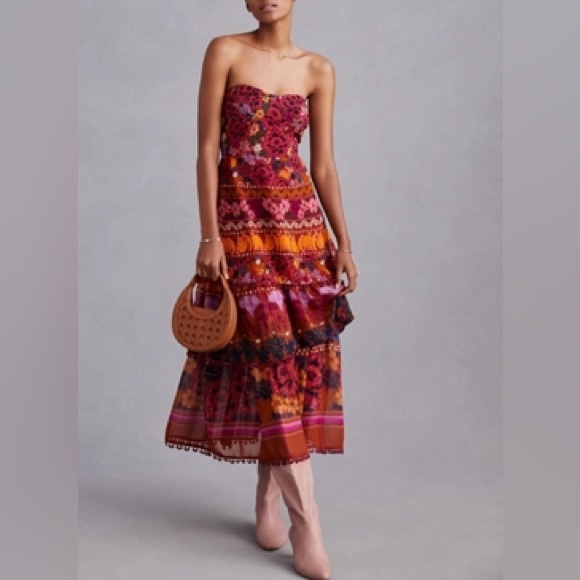 FARM Rio Dresses & Skirts - Farm Rio for Anthropologie Tiered Strapless Multicolor Midi Dress Size M